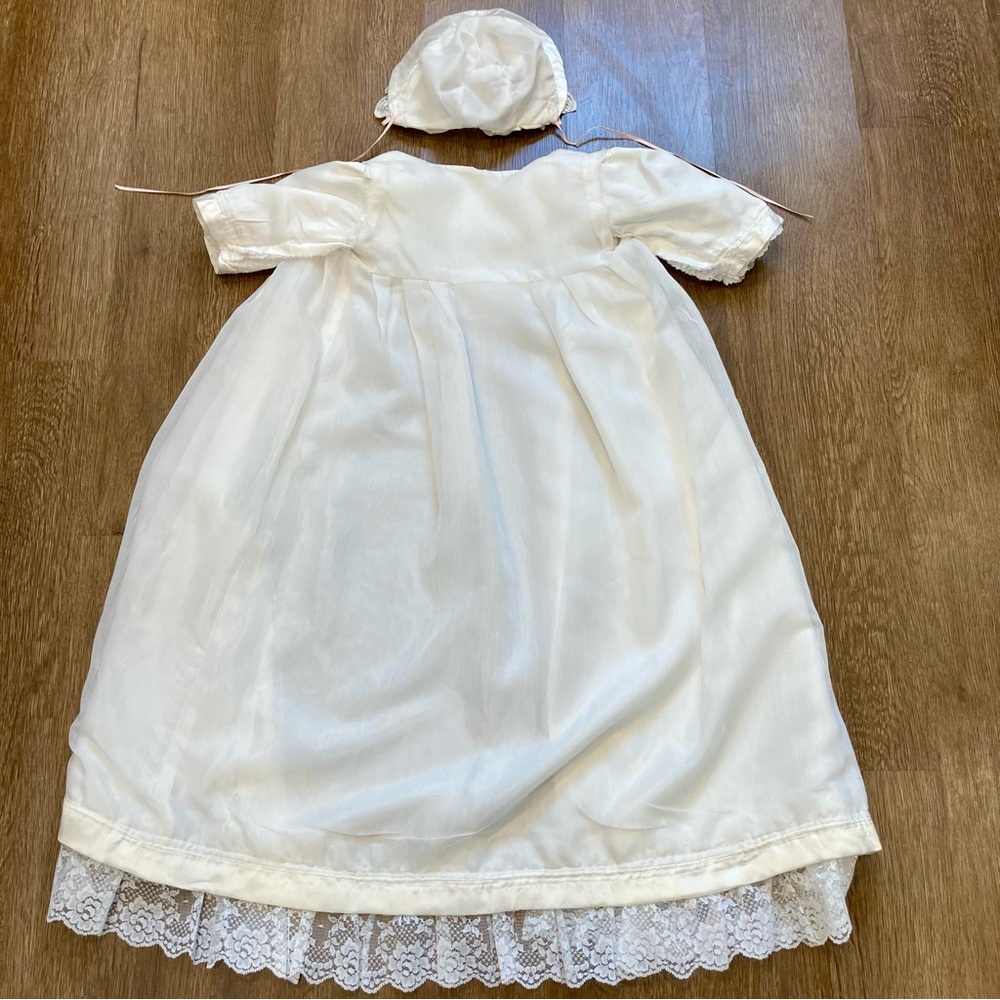 Little Girls Christening Gown Cover & Bonnet with Lace Trim Pink Rose Accents - Picture 9 of 14
